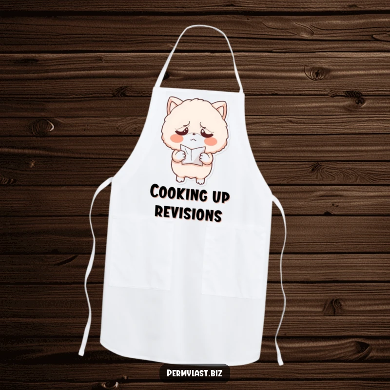 Funny apron with an exasperated fluffy character holding a tiny, crumpled paper, perfect for cooks who appreciate humor in the kitchen.