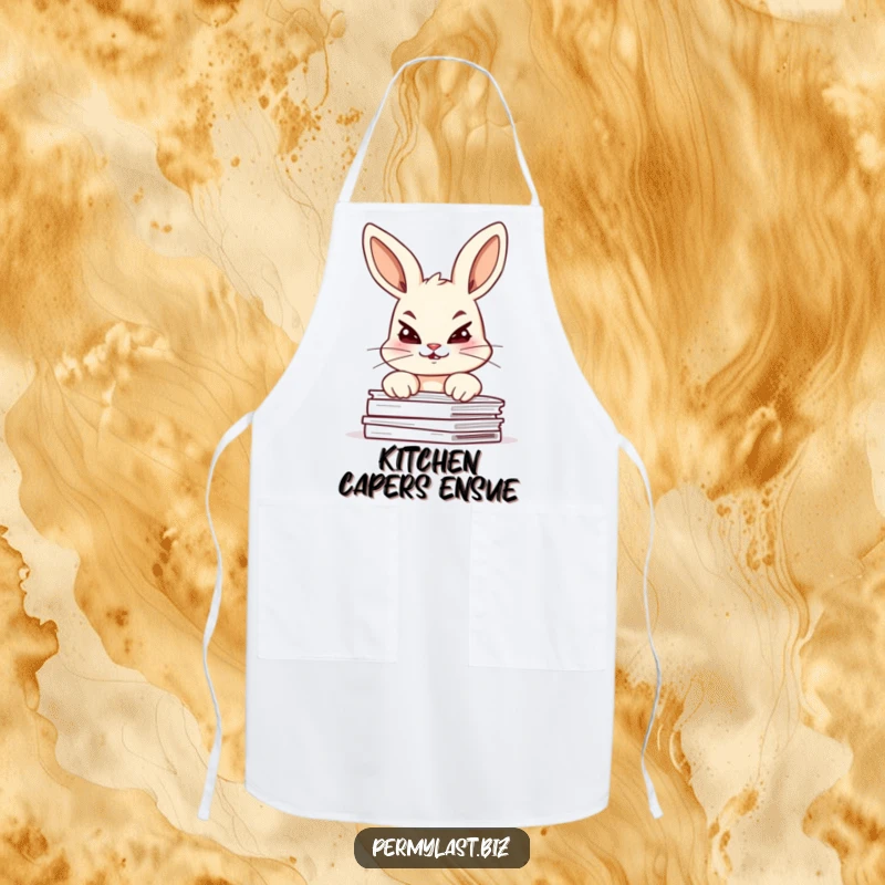Funny chef bunny apron with a giggling bunny peering over documents, mischievous and perfect for cooks.