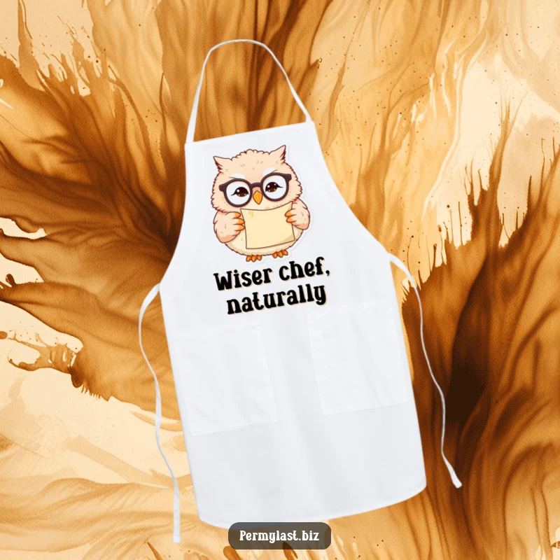 Funny chef owl apron with tiny reading glasses, holding a scroll, smirking, ideal for kitchen wizards.