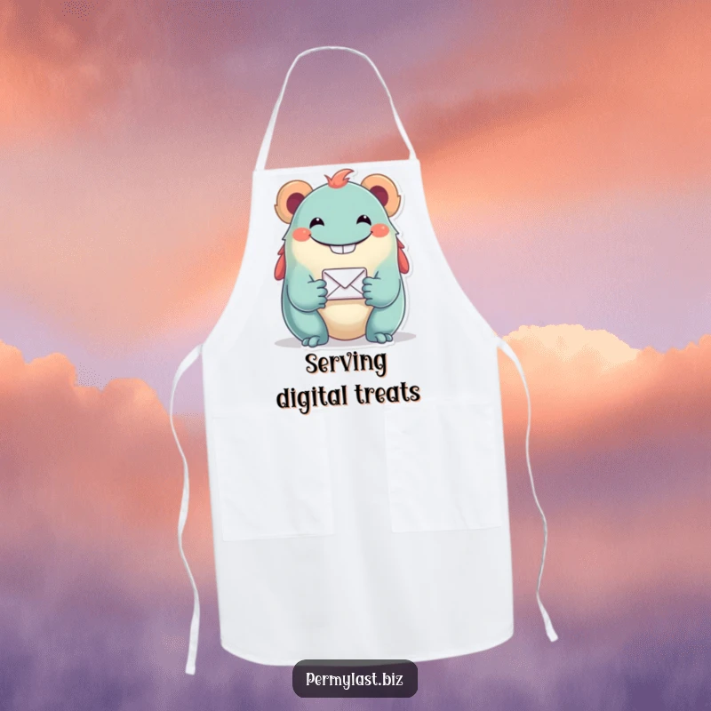 Funny apron with a grinning creature offering a tiny email icon, perfect for cooks who appreciate humor and technology.
