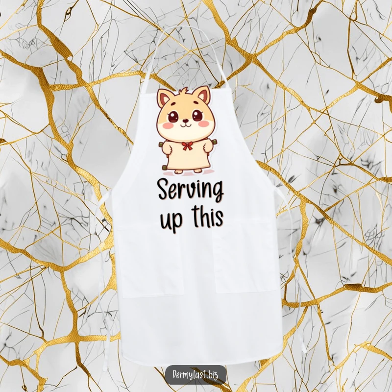 Funny round animal character apron, eyes wide, presenting a scroll with a polite wave, a functional and charming kitchen accessory.