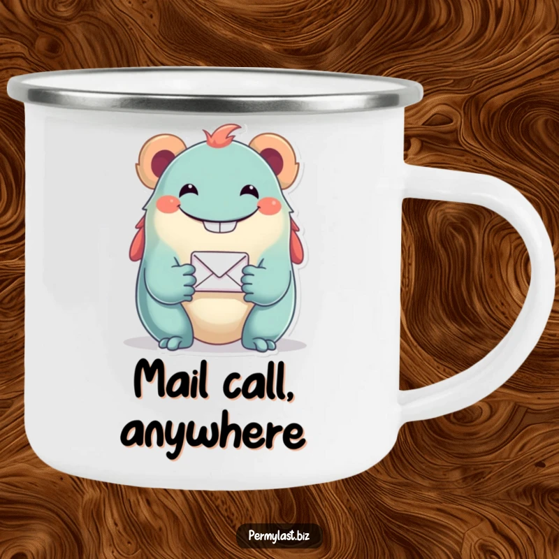 Funny camping mug with a grinning creature holding a tiny email icon, perfect for enjoying drinks outdoors with a humorous tech theme.