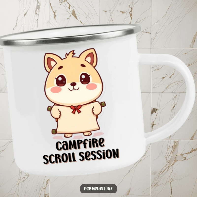 Funny round animal character camping mug, eyes wide, presenting a scroll with a polite wave, durable and charming for all your adventures.
