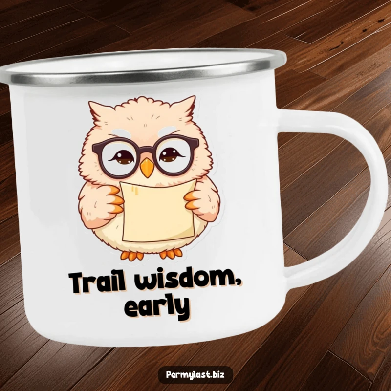 Funny owl camping mug with tiny reading glasses, holding a scroll, smirking, durable for outdoor use.