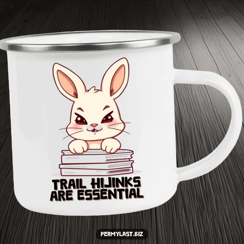 Funny bunny camping mug with a giggling bunny peering over documents, mischievous and durable for travel.