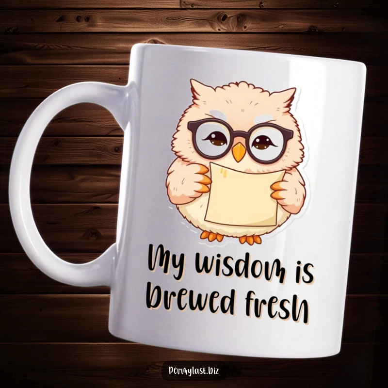 Funny owl mug with tiny reading glasses holding a scroll, smirking wisely, perfect for scholars and bookworms.