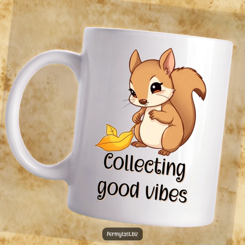 Funny squirrel mug with a determined squirrel carefully filing a shiny golden leaf, nature lover gift.