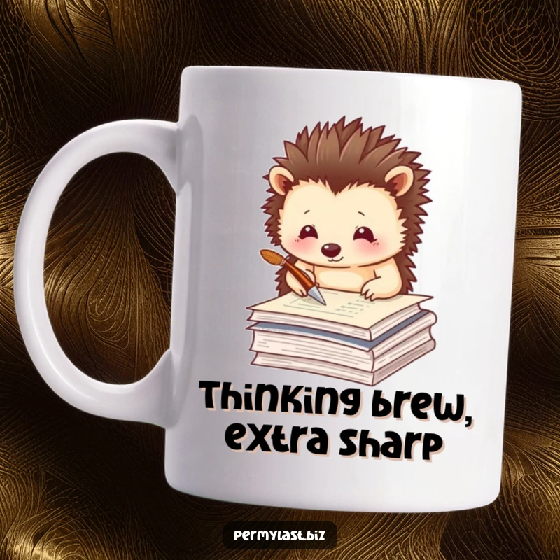 Funny hedgehog mug with a tiny hedgehog tapping a quill pen on a stack of papers, looking thoughtful.