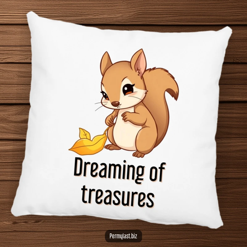 Funny squirrel pillow featuring a determined squirrel filing a golden leaf, soft and decorative.