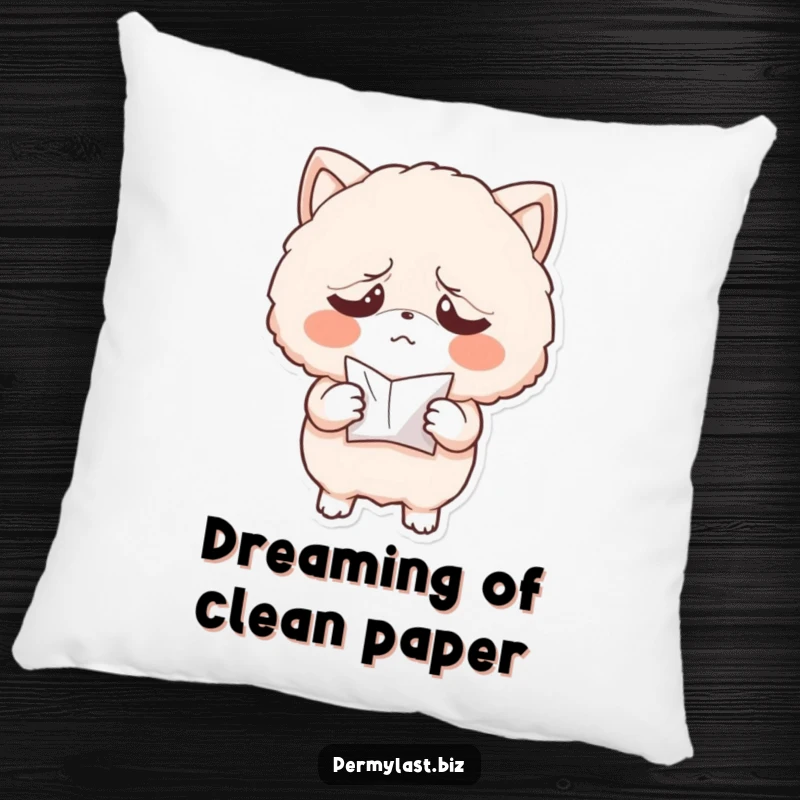 Funny pillow featuring an exasperated fluffy character holding a small, crumpled paper, offering a soft and humorous accent for relaxation.