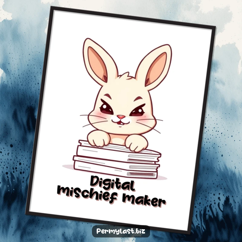 Funny bunny digital art print of a giggling bunny peeking over documents with a mischievous glint.