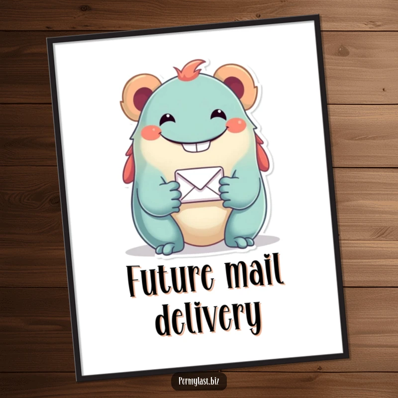 Funny digital art print of a grinning creature offering a tiny email icon, perfect for adding a modern and humorous touch to wall decor.