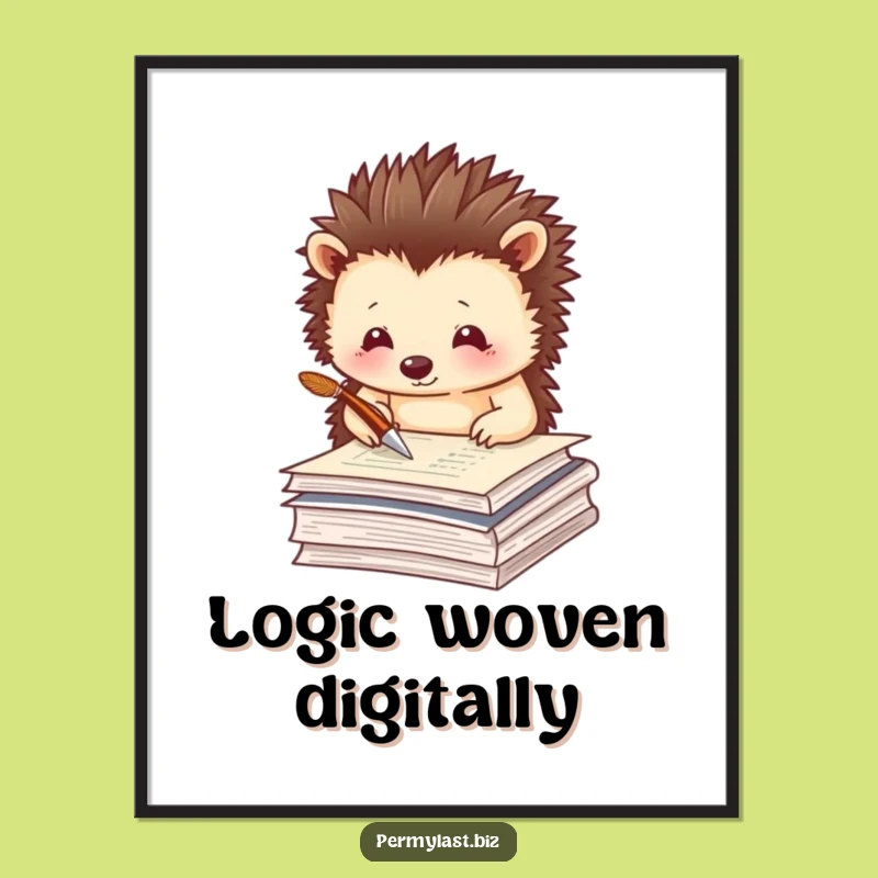 Funny Hedgehog Digital Print - Thoughtful Writer Quill Art Gift