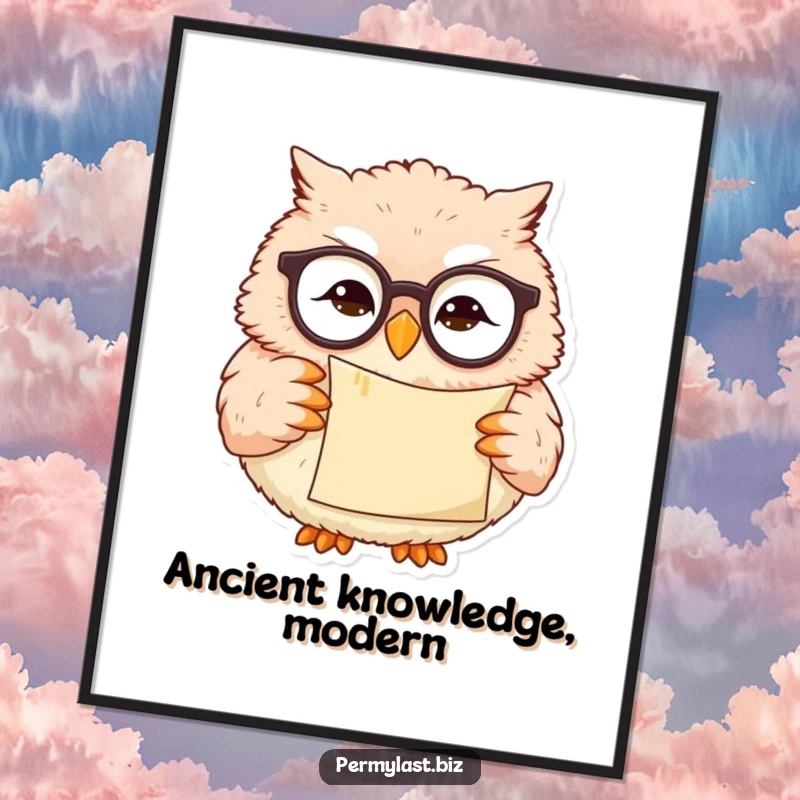 Funny owl digital art print of a wise owl in reading glasses holding a scroll with a slight smirk.