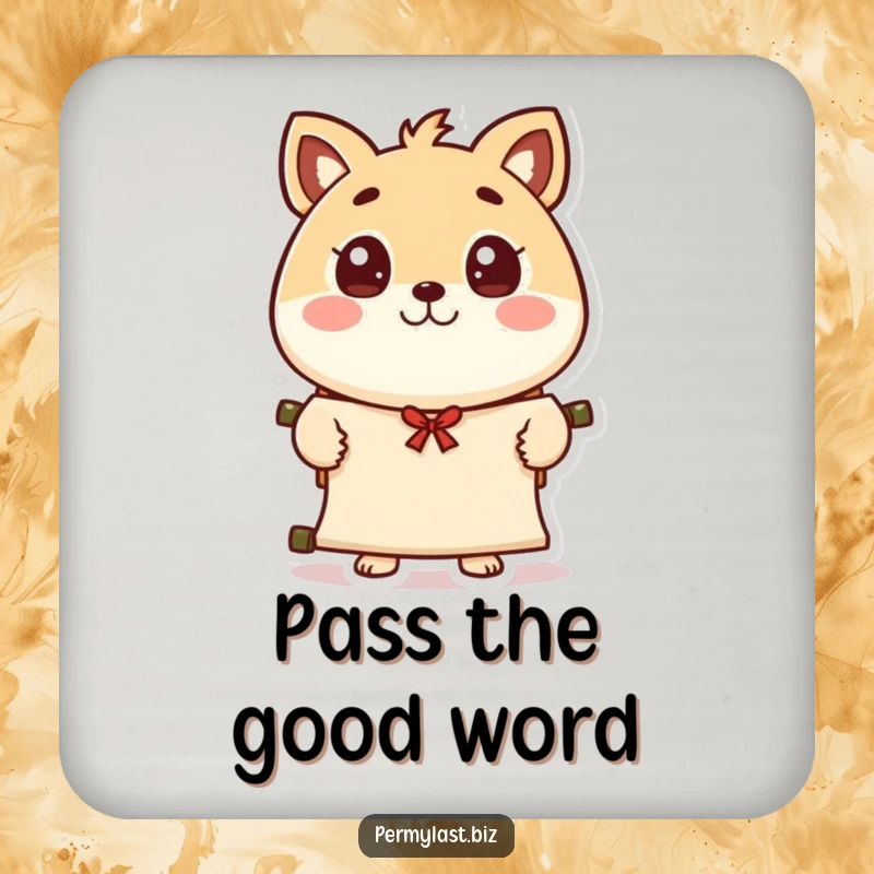 Funny round animal character coasters, eyes wide, presenting a scroll with a polite wave, adding whimsical charm to any surface.