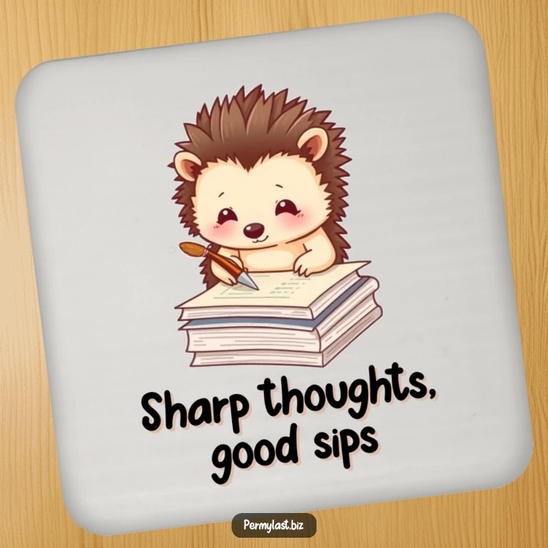 Funny hedgehog coaster featuring a thoughtful hedgehog tapping a quill pen on papers, protecting surfaces.