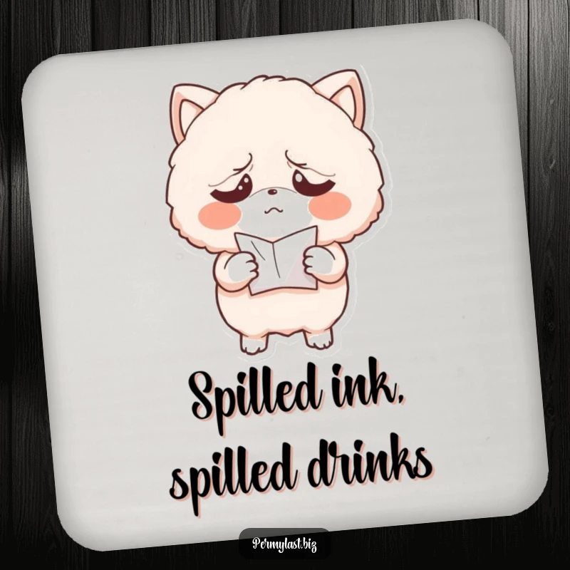 Funny drink coaster featuring an exasperated fluffy character holding a small, crumpled paper, protecting surfaces with a humorous and relatable design.