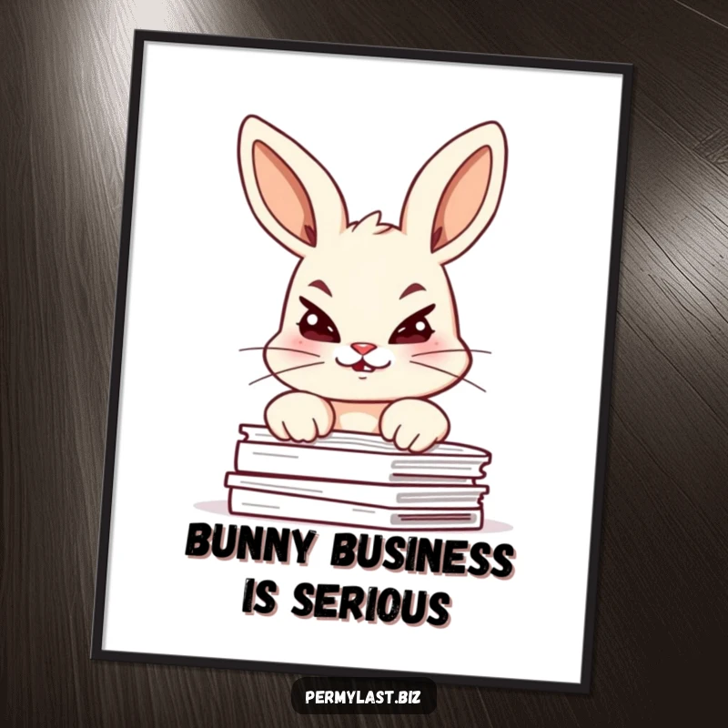 Funny bunny poster of a giggling bunny with raised eyebrows peering over documents, office or room decor.