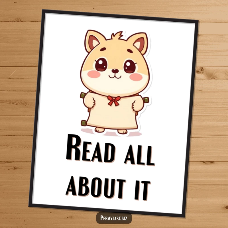 Funny round animal character poster, eyes wide, presenting a scroll with a polite wave, a charming and delightful piece of wall art.