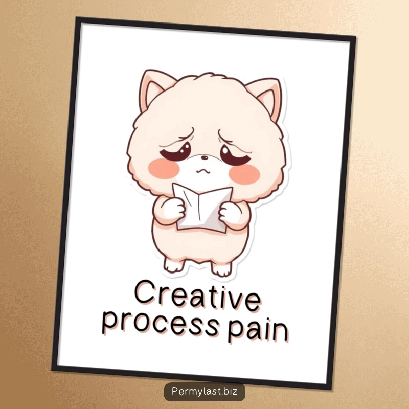 Funny poster of an exasperated fluffy character holding a tiny, crumpled piece of paper, ideal for adding a touch of humorous relatability.