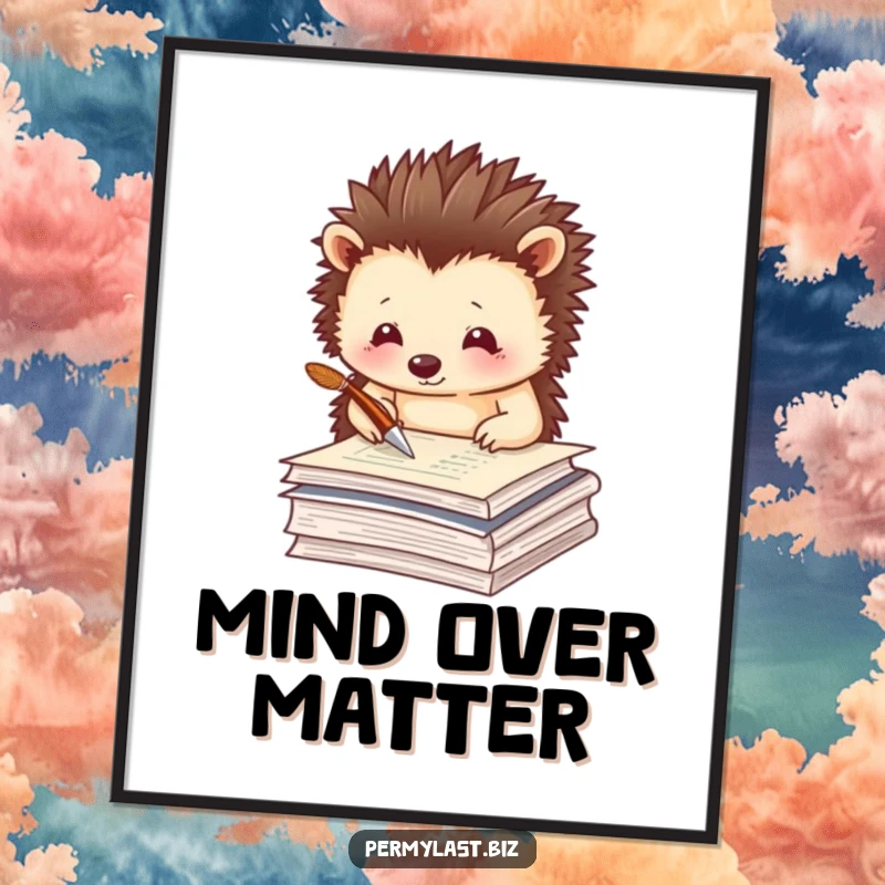 Funny hedgehog poster of a thoughtful hedgehog tapping a quill pen on a stack of papers, artistic decor.