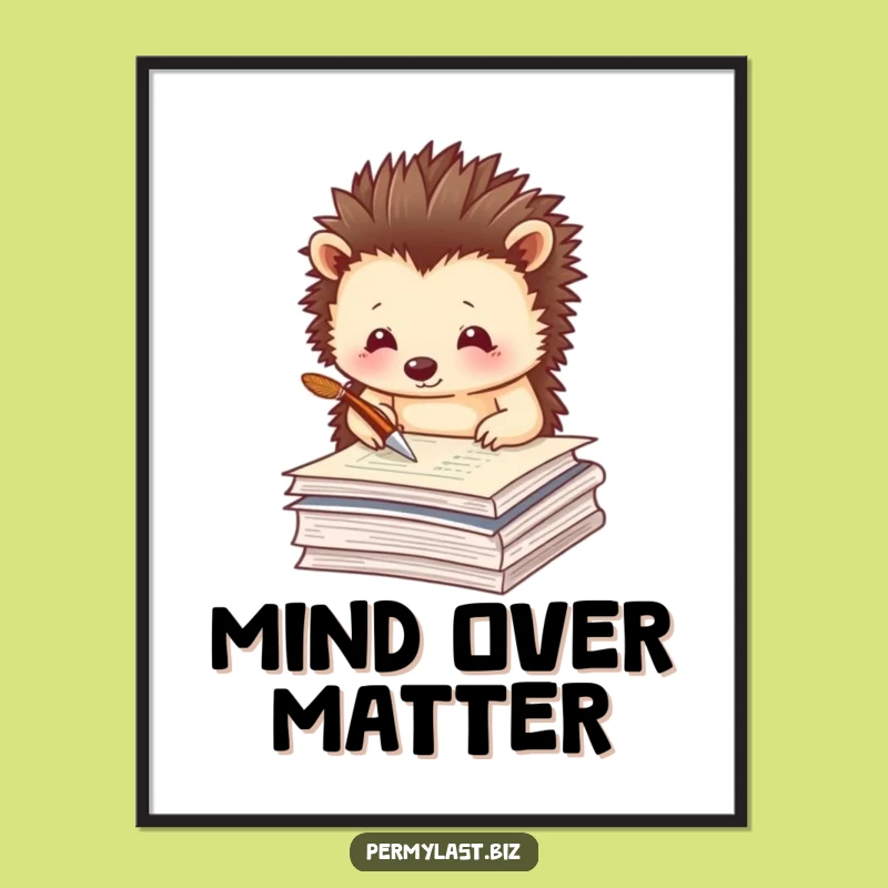 Funny Hedgehog Poster - Thoughtful Writer Quill Art Gift for Studies