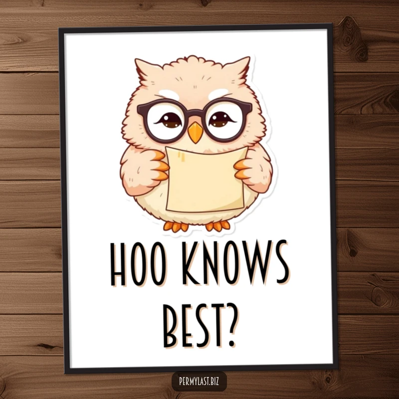 Funny owl poster of a wise owl wearing glasses and holding a scroll with a slight smirk, academic decor.