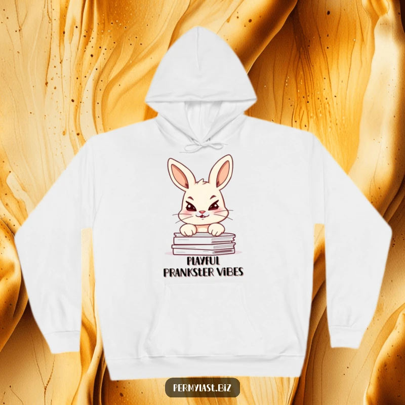 Funny bunny hoodie featuring a giggling bunny peering over documents with a mischievous glint, cozy and fun.