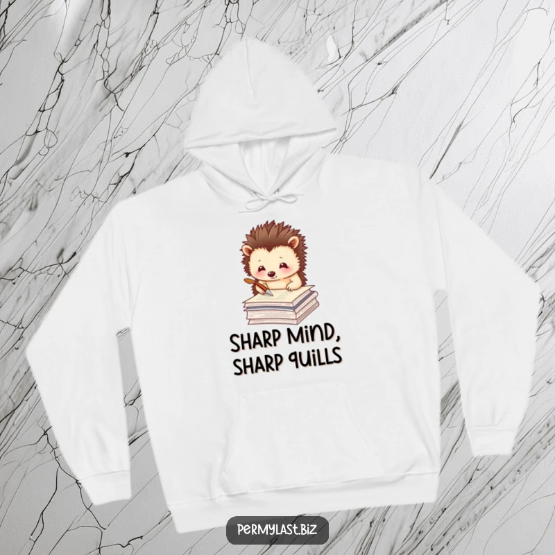 Funny hedgehog hoodie featuring a thoughtful hedgehog tapping a quill on papers, cozy and warm.