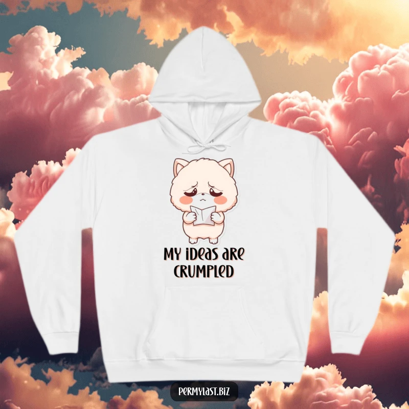Funny hoodie featuring an exasperated fluffy character holding a crumpled paper, providing warmth and a humorous outlet for daily frustrations.