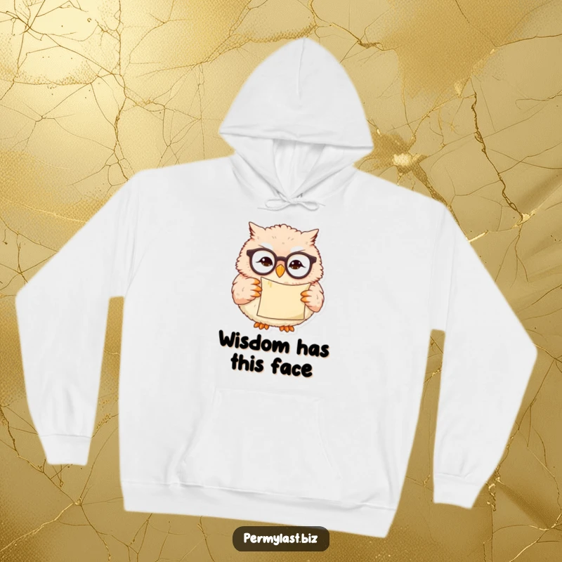Funny owl hoodie with tiny reading glasses, holding a scroll, smirking with intellectual wit, cozy and stylish.