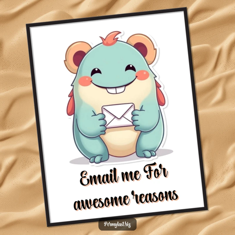 Funny Free Printable Wall Art: A grinning creature humorously presents a tiny email icon, perfect for quirky decor.