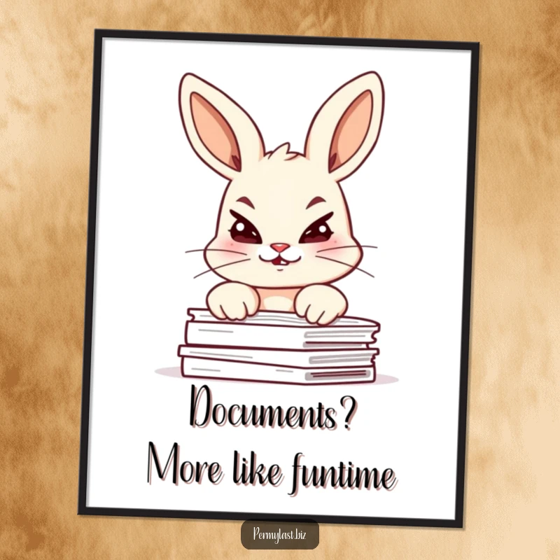 Funny Free Printable Wall Art of a giggling bunny with raised eyebrows peeking over papers with a mischievous glint.