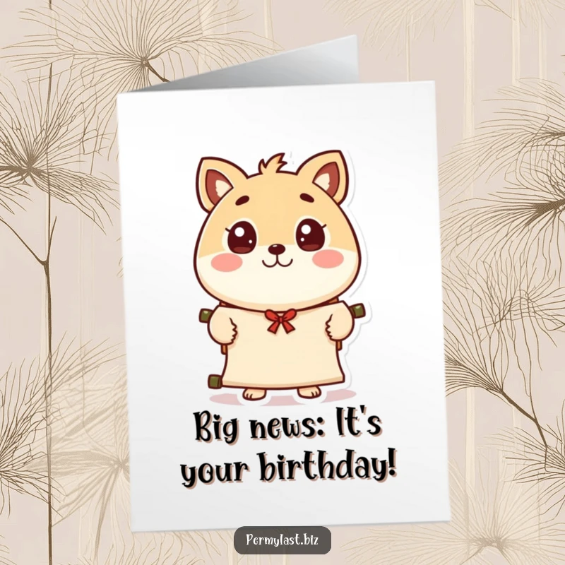 Funny Free Printable Birthday Card: a round animal character with wide eyes presents a scroll with a polite wave, ready to celebrate.
