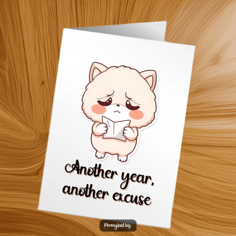 Funny Free Printable Birthday Card: Exasperated fluffy creature holds a tiny, crumpled paper, sharing a relatable birthday mood.