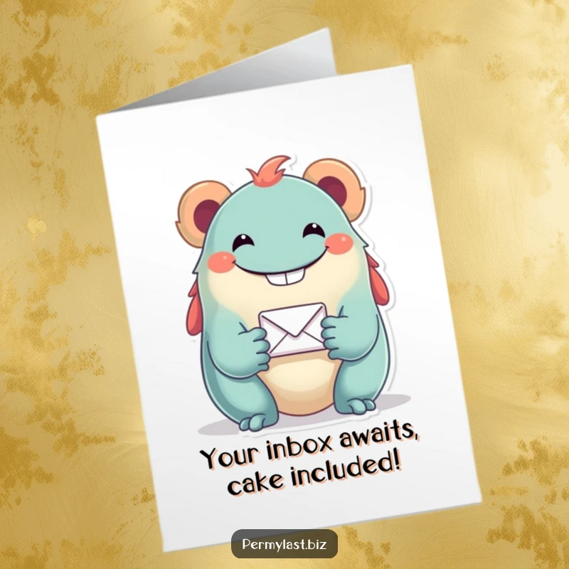 Funny Free Printable Birthday Card: Grinning creature offers a tiny email icon, ready to send birthday wishes.