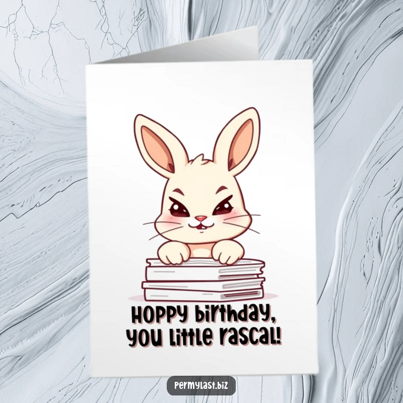 Funny Free Printable Birthday Card featuring a giggling bunny with raised eyebrows peeking over documents mischievously.