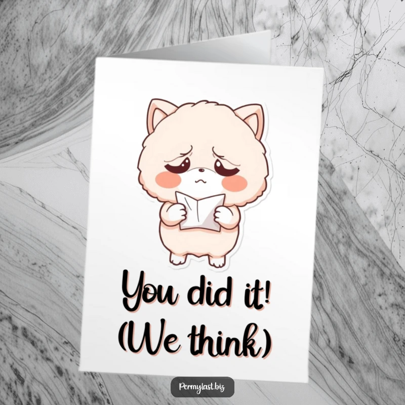Funny Free Printable Congratulations Card: Exasperated fluffy creature holds a tiny, crumpled paper, acknowledging a hard-won victory.