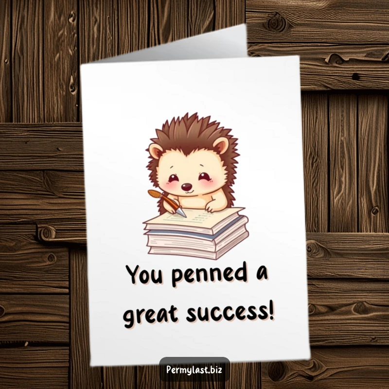 Funny Free Printable Congratulations Card featuring a thoughtful hedgehog tapping a quill on papers, ideal for smart celebrations.