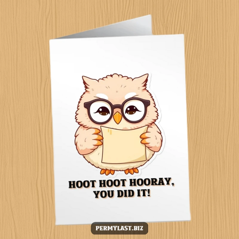 Funny Free Printable Congratulations Card showcasing a smirking owl with a scroll, perfect for celebrating success with humor.