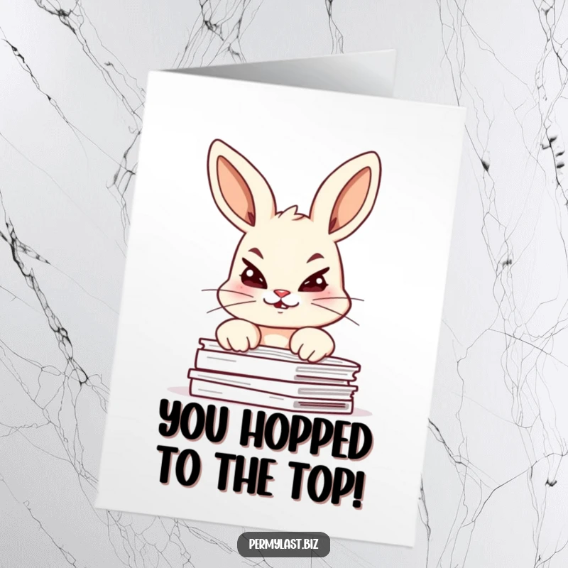 Funny Free Printable Congratulations Card: A giggling bunny peeks mischievously over documents, perfect for celebrating wins.