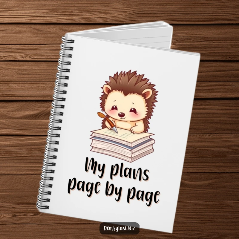 Funny hedgehog notebook with a thoughtful hedgehog tapping a quill pen on papers, ideal for journals.