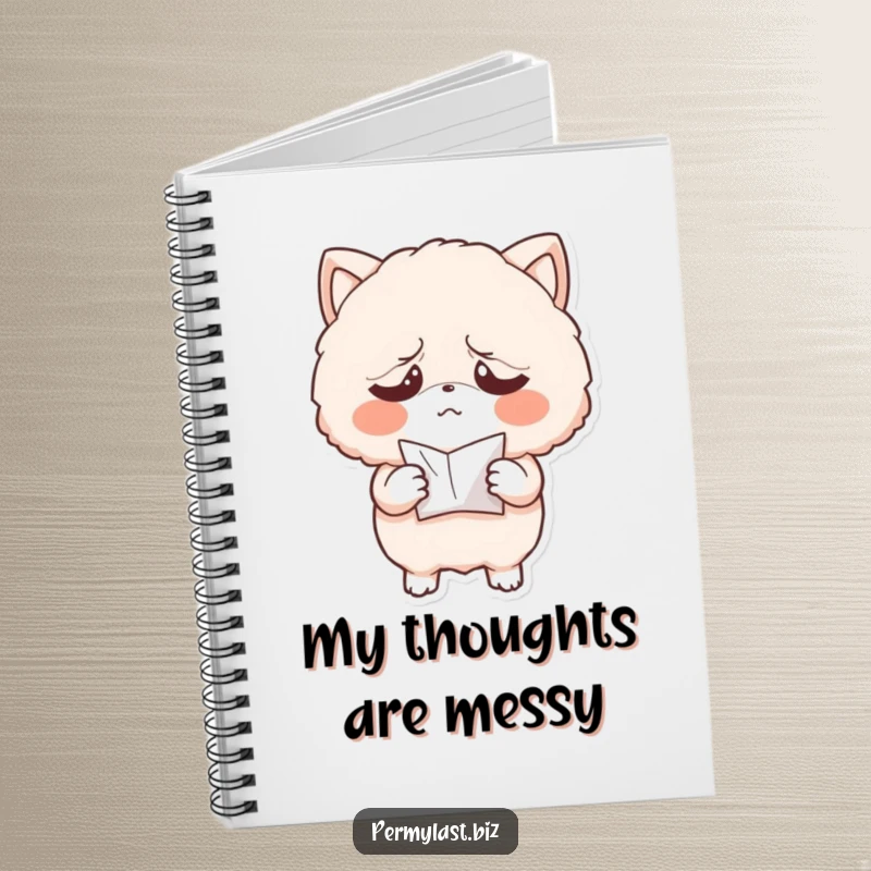 Funny notebook featuring an exasperated fluffy character holding a small, crumpled paper, designed for jotting down notes with a humorous, relatable touch.