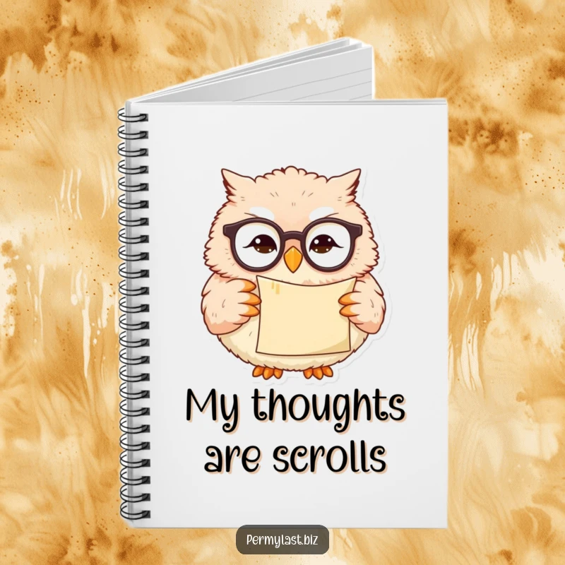 Funny owl notebook with a wise owl wearing reading glasses and holding a scroll, perfect for note-taking.