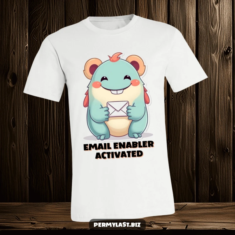 Funny t-shirt showcasing a grinning creature holding out a small email icon, expressing a friendly and humorous digital outreach.