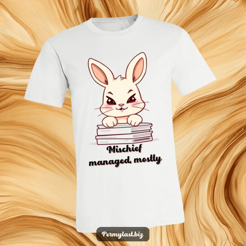 Funny bunny t-shirt showing a giggling bunny peeking over documents with raised eyebrows and a mischievous look.