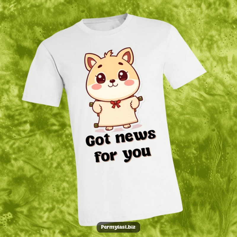 Funny round animal character t-shirt, eyes wide, presenting a scroll with a polite wave, ready to deliver exciting news.