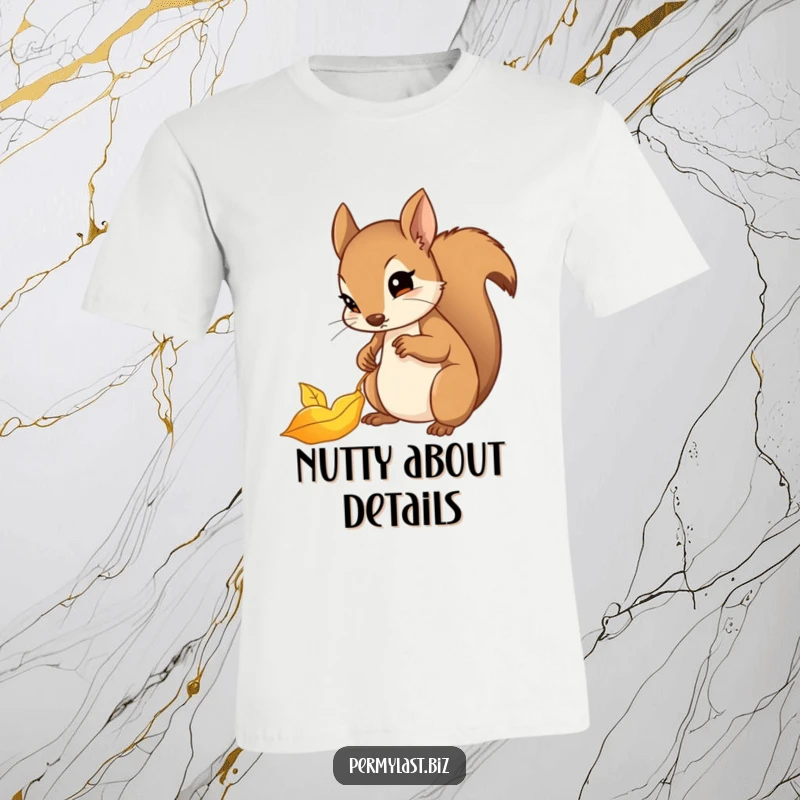 Funny squirrel t-shirt showing a determined squirrel carefully filing away a shiny golden leaf, organized and cute.