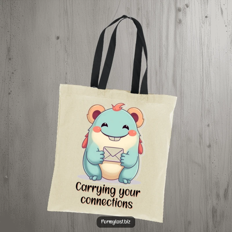 Funny tote bag with a grinning creature holding a small email icon, perfect for carrying daily items with a humorous tech theme.