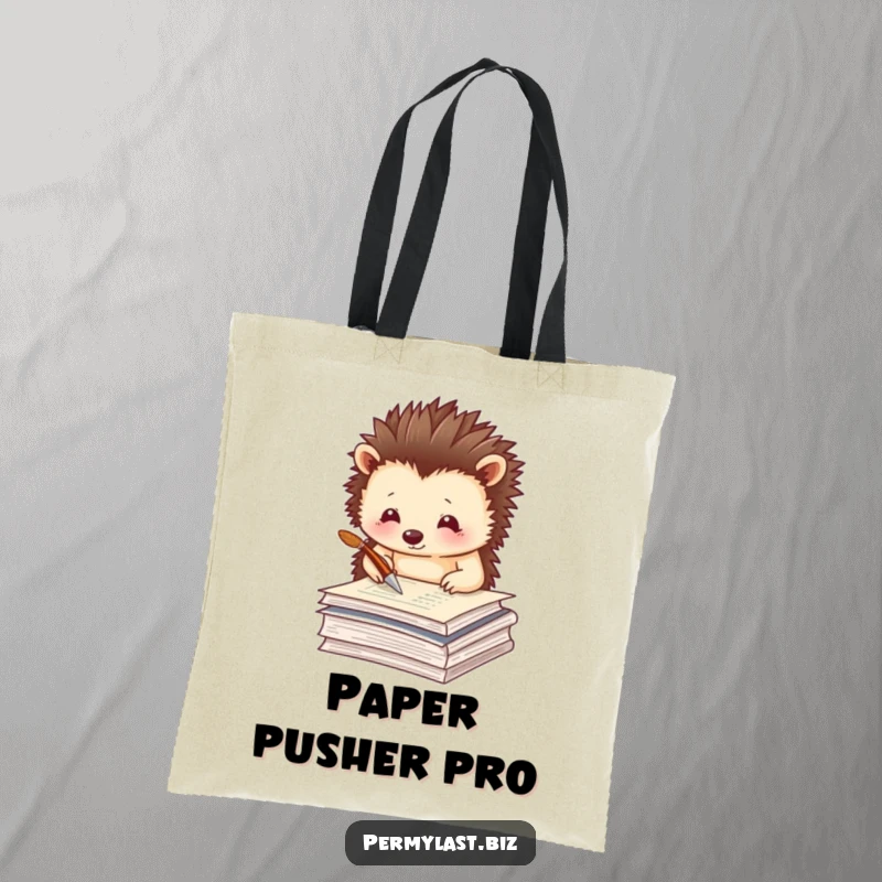 Funny hedgehog tote bag with a thoughtful hedgehog tapping a quill pen on papers, great for writers.